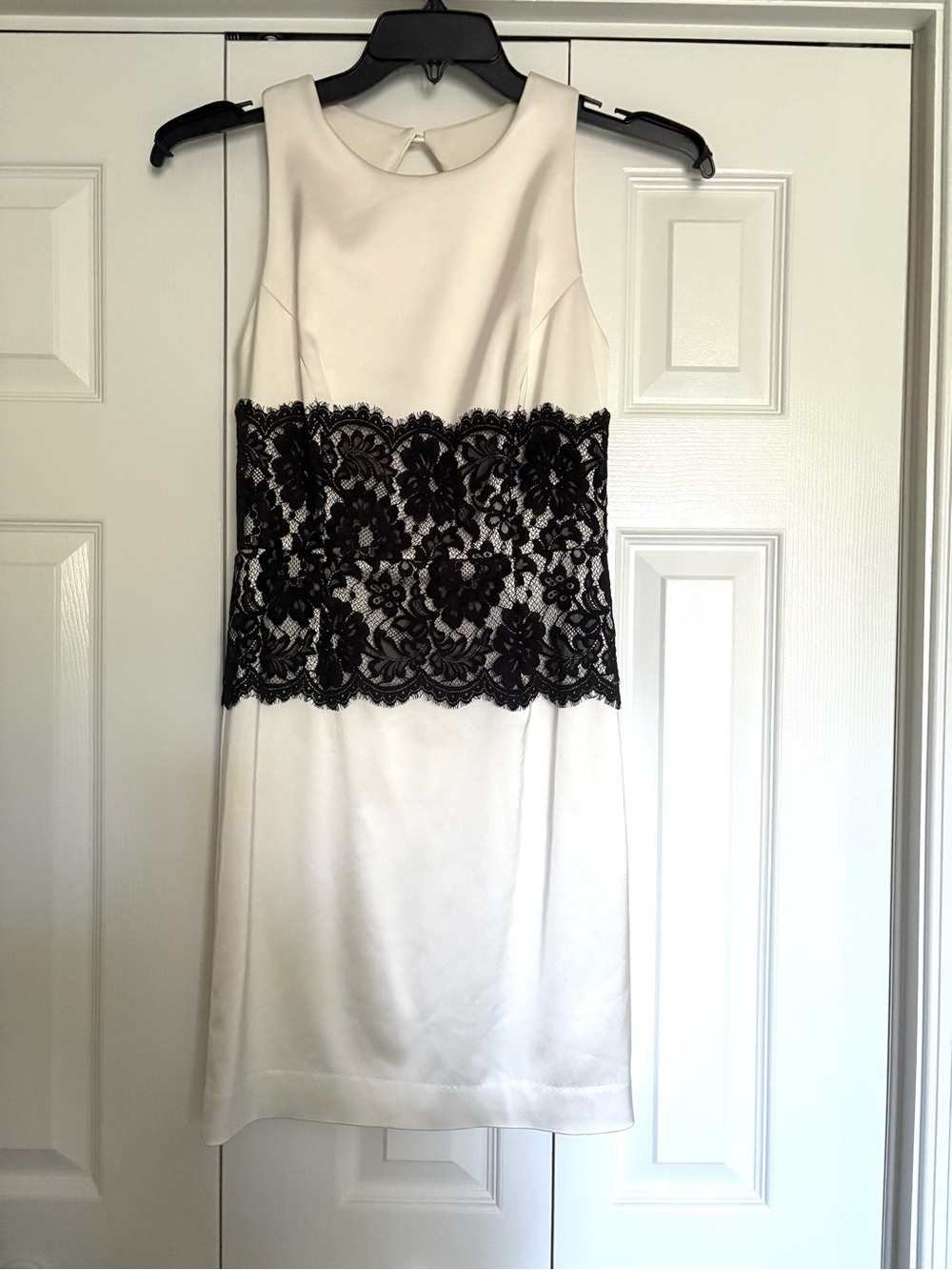 Xscape White Mini Dress with Black Lace Waist